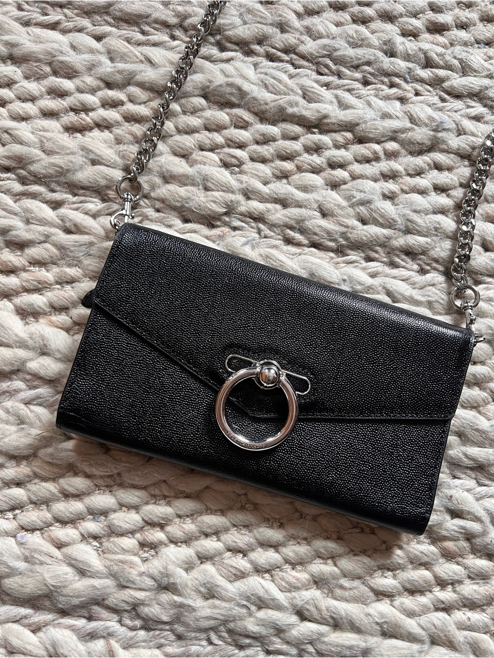 Rebecca Minkoff Black Leather Crossbody Wallet with Silver Ring Detail